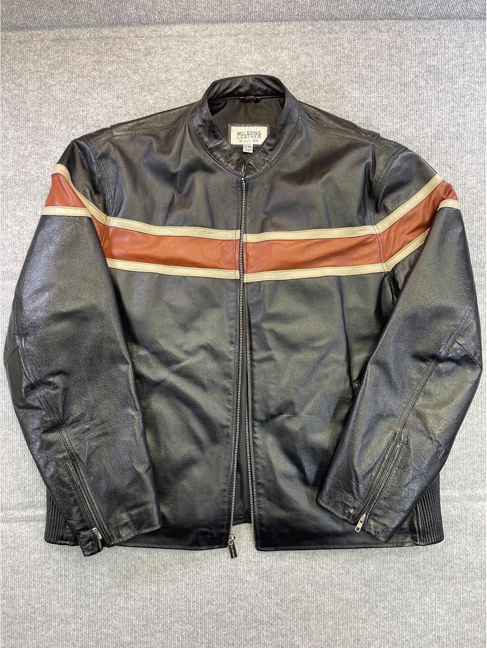 Vtg Wilsons Leather M. Julian Jacket Mens XXL Black Cafe Racer Biker Stripe Y2K